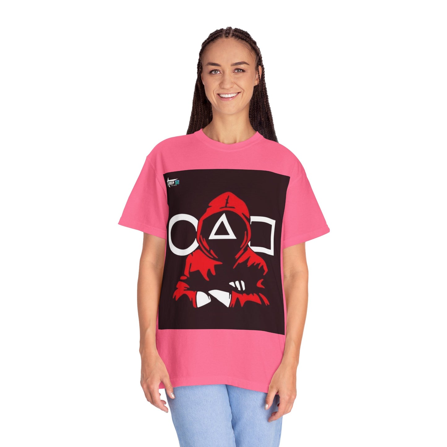 Squid Game Red Hood T-Shirt — Mask Symbols Circle Triangle Square Graphic Tee