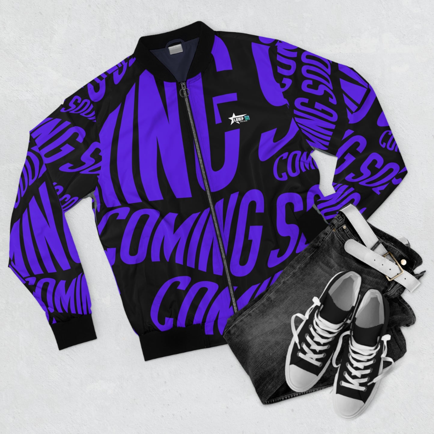 Men's Bomber Jacket - Bold 'Coming Soon' Graphic - Stylish Streetwear Outerwear