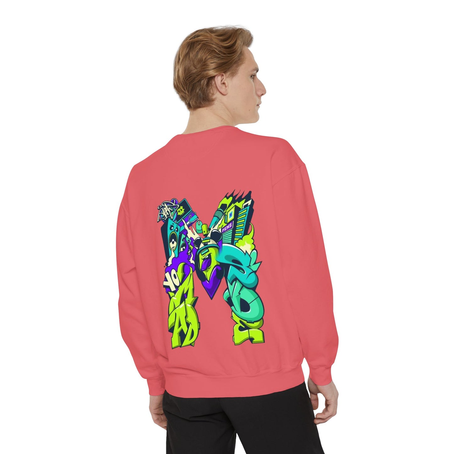 Vibrant Unisex Garment-Dyed Sweatshirt with Bold Graffiti Art