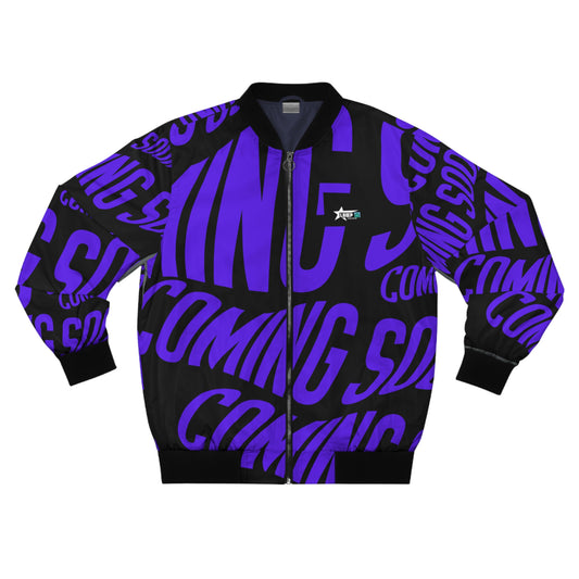 Men's Bomber Jacket - Bold 'Coming Soon' Graphic - Stylish Streetwear Outerwear
