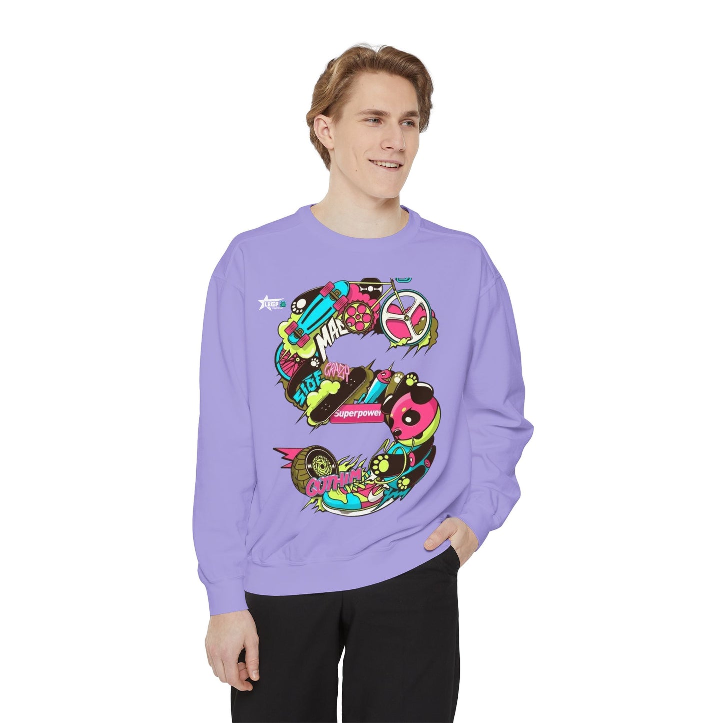 Vibrant Unisex Garment-Dyed Sweatshirt with Bold Graffiti Art