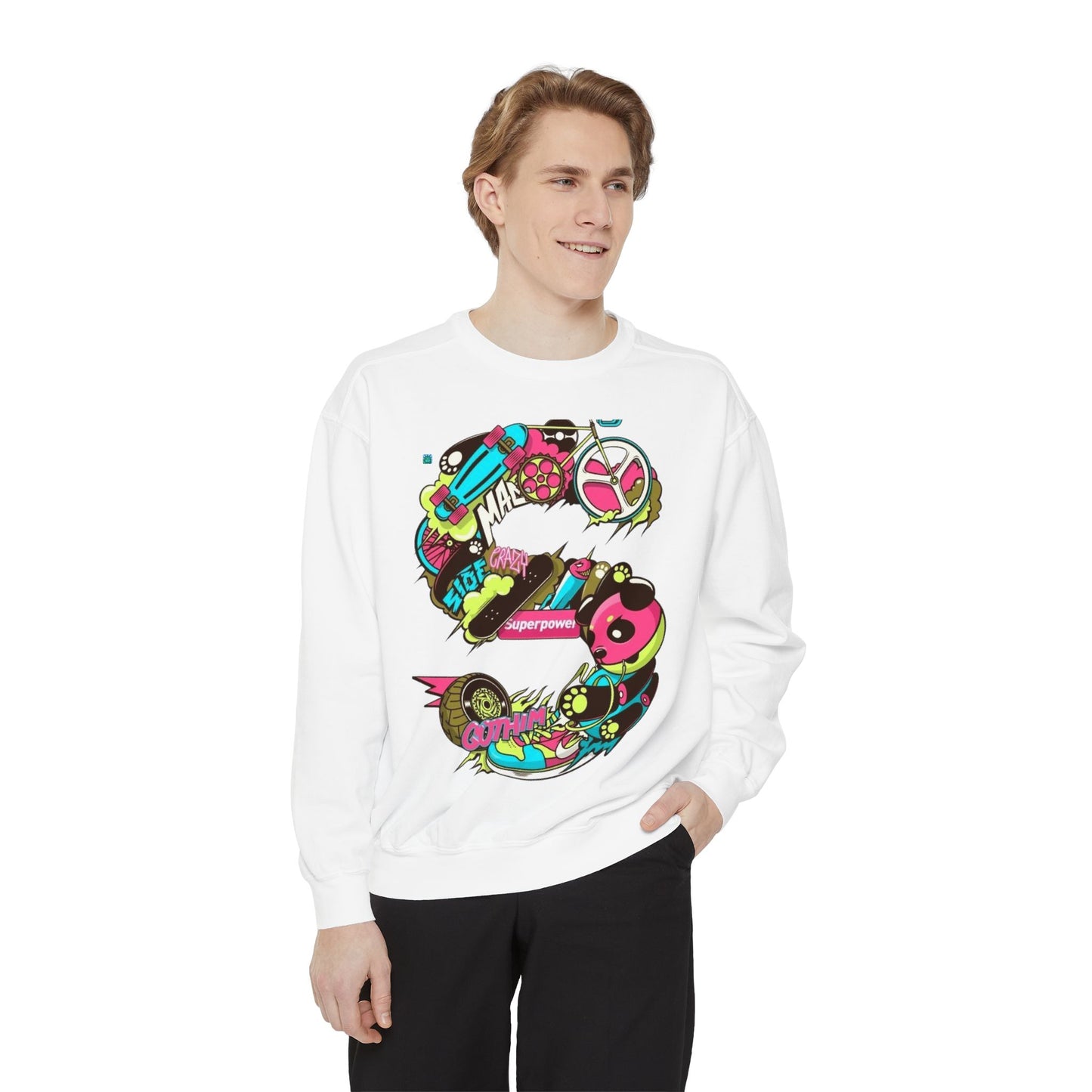 Vibrant Unisex Garment-Dyed Sweatshirt with Bold Graffiti Art