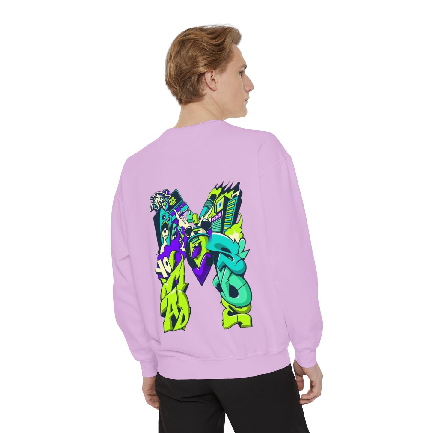 Vibrant Unisex Garment-Dyed Sweatshirt with Bold Graffiti Art
