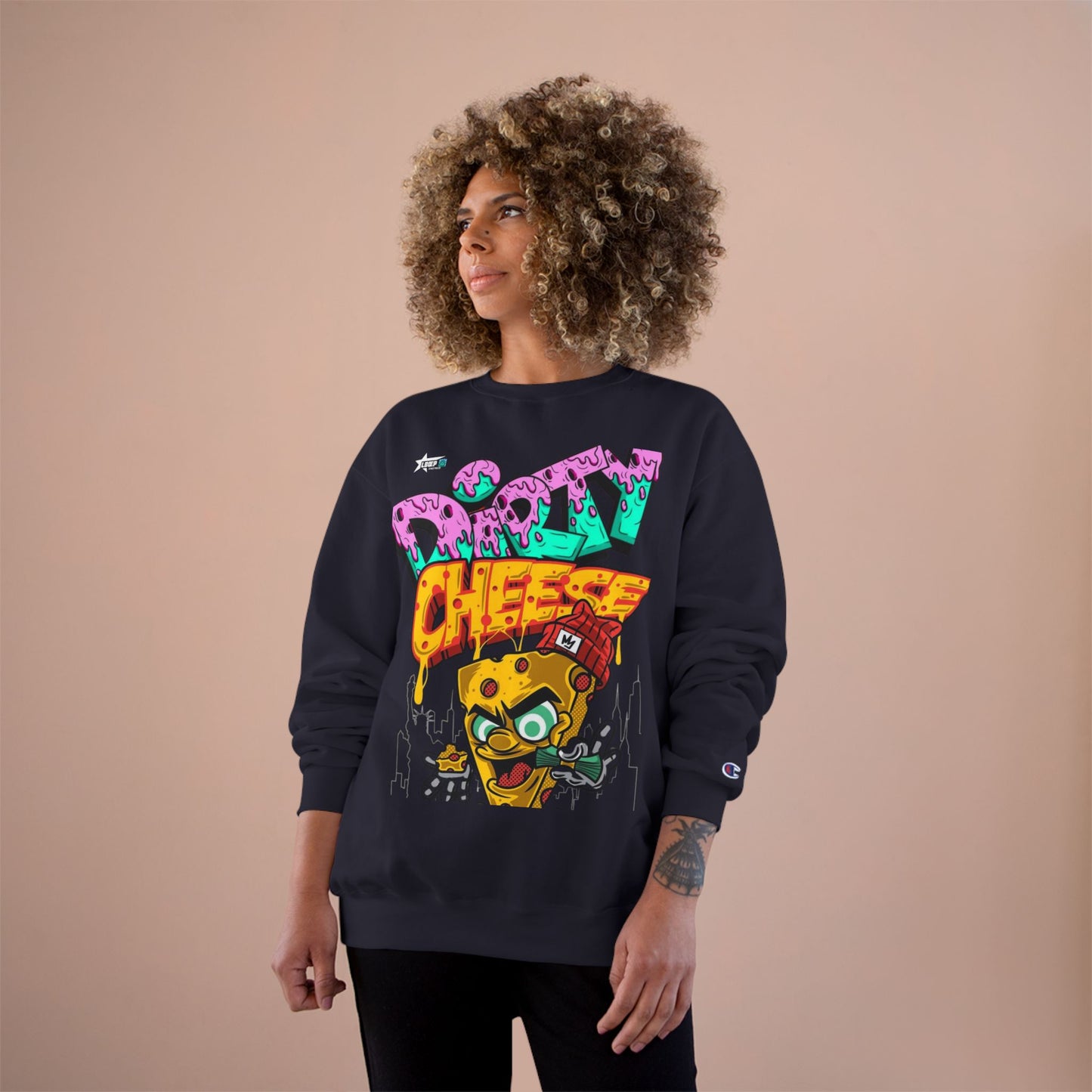 Funny Champion Sweatshirt - 'Dirty Cheese' Graphic Tee - Streetwear Style for Casual Parties