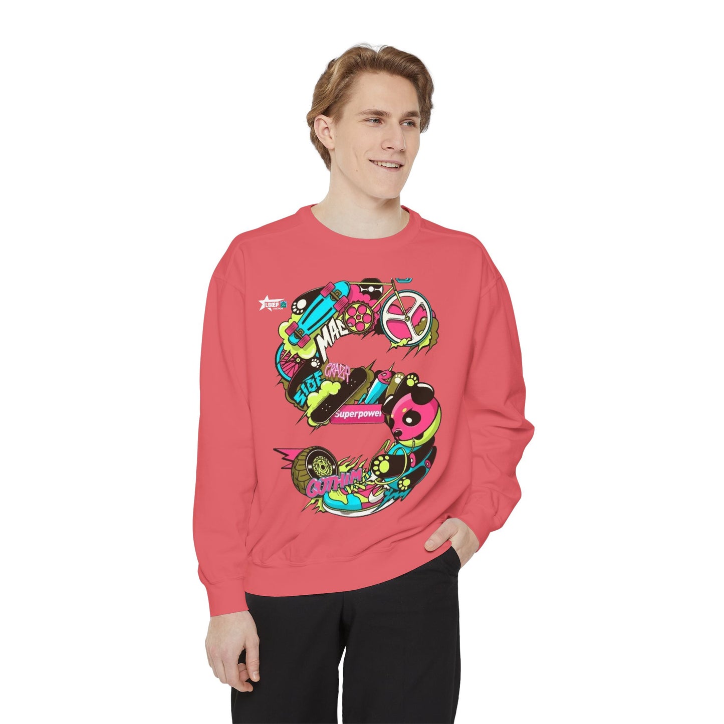 Vibrant Unisex Garment-Dyed Sweatshirt with Bold Graffiti Art
