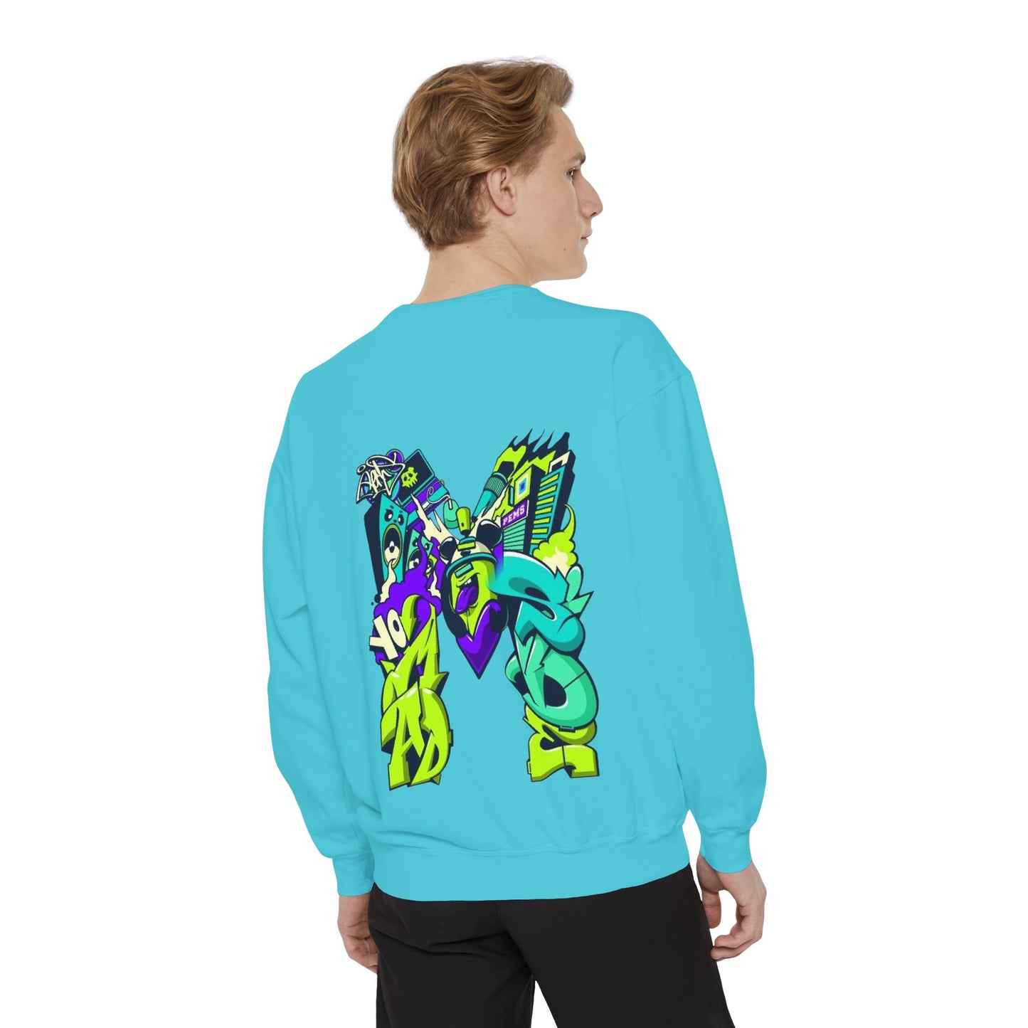 Vibrant Unisex Garment-Dyed Sweatshirt with Bold Graffiti Art