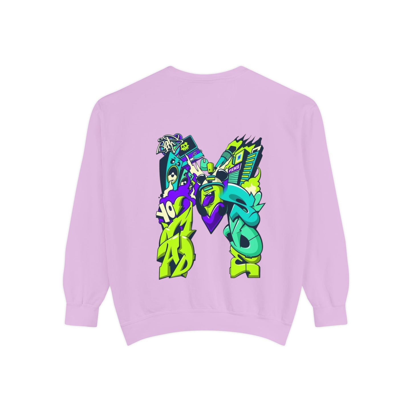 Vibrant Unisex Garment-Dyed Sweatshirt with Bold Graffiti Art