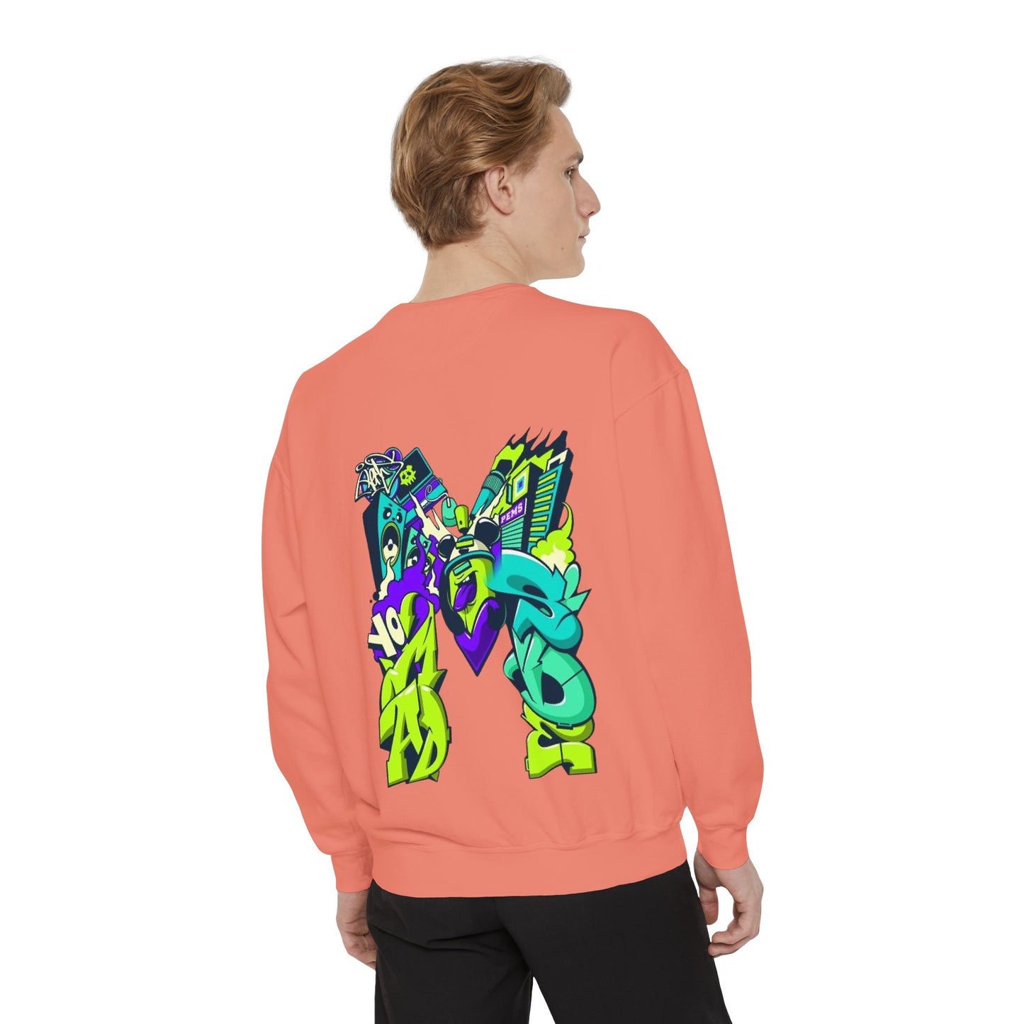 Vibrant Unisex Garment-Dyed Sweatshirt with Bold Graffiti Art