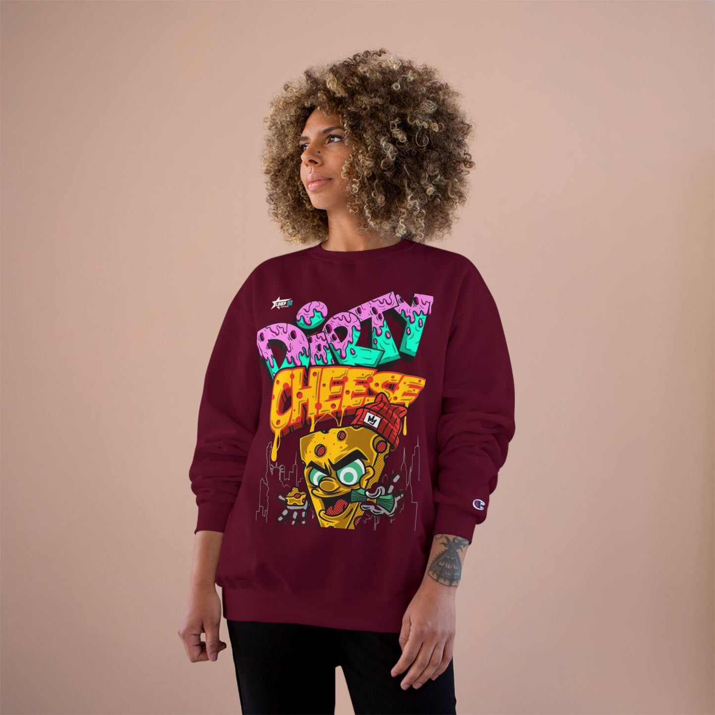 Funny Champion Sweatshirt - 'Dirty Cheese' Graphic Tee - Streetwear Style for Casual Parties