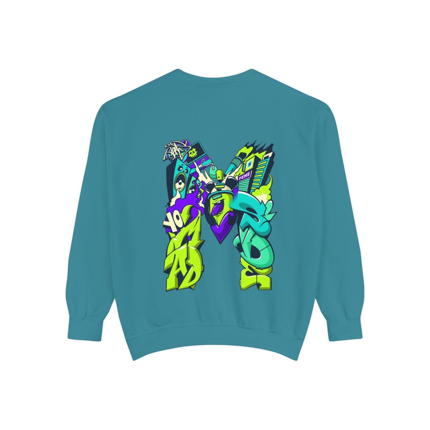 Vibrant Unisex Garment-Dyed Sweatshirt with Bold Graffiti Art