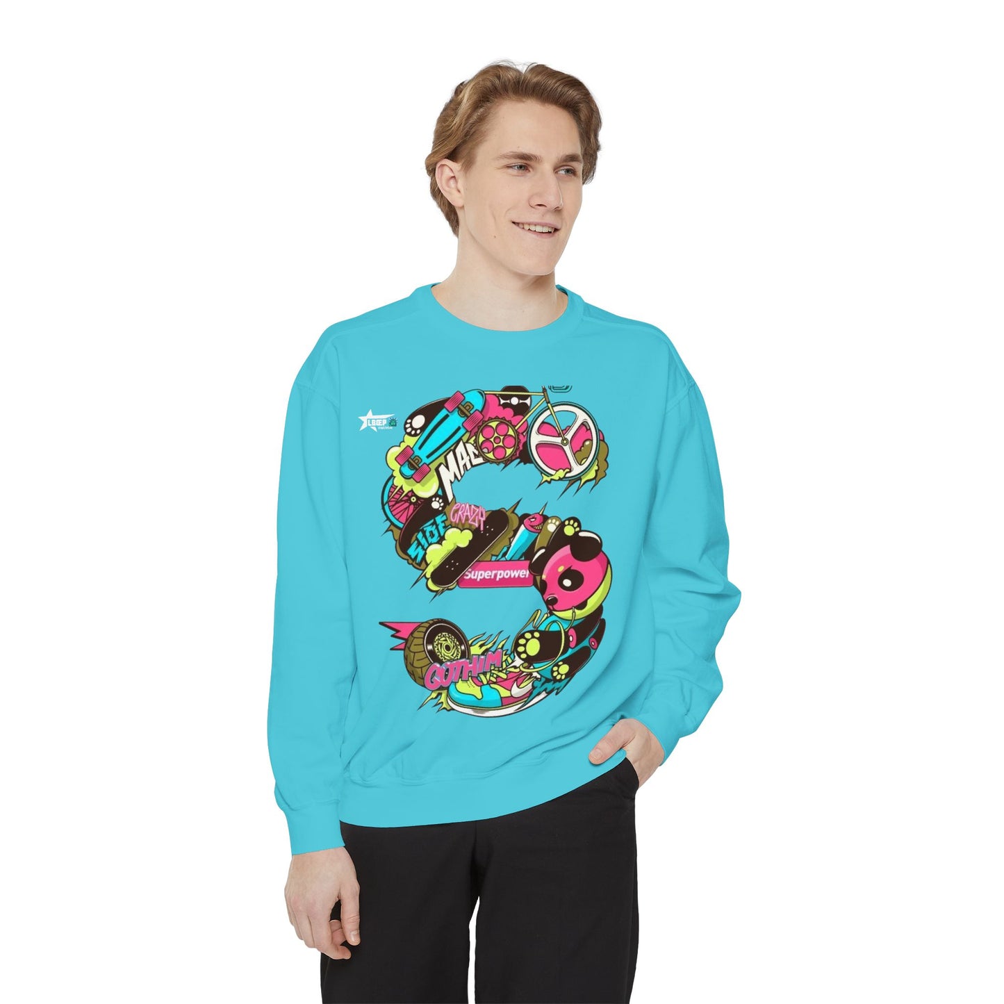 Vibrant Unisex Garment-Dyed Sweatshirt with Bold Graffiti Art