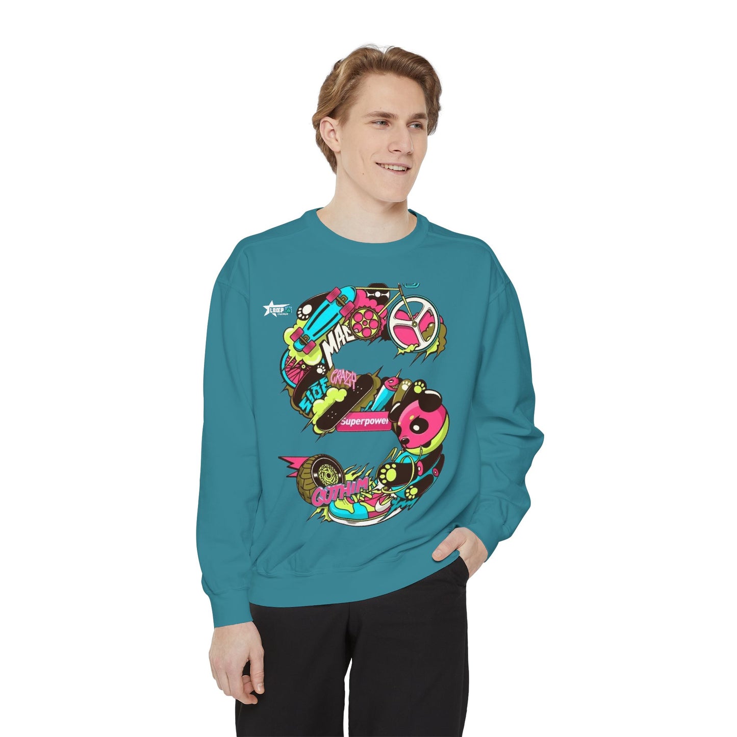 Vibrant Unisex Garment-Dyed Sweatshirt with Bold Graffiti Art