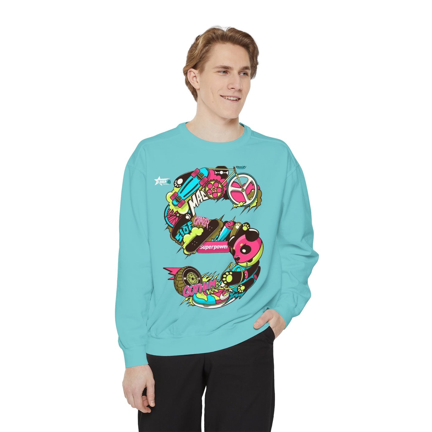 Vibrant Unisex Garment-Dyed Sweatshirt with Bold Graffiti Art