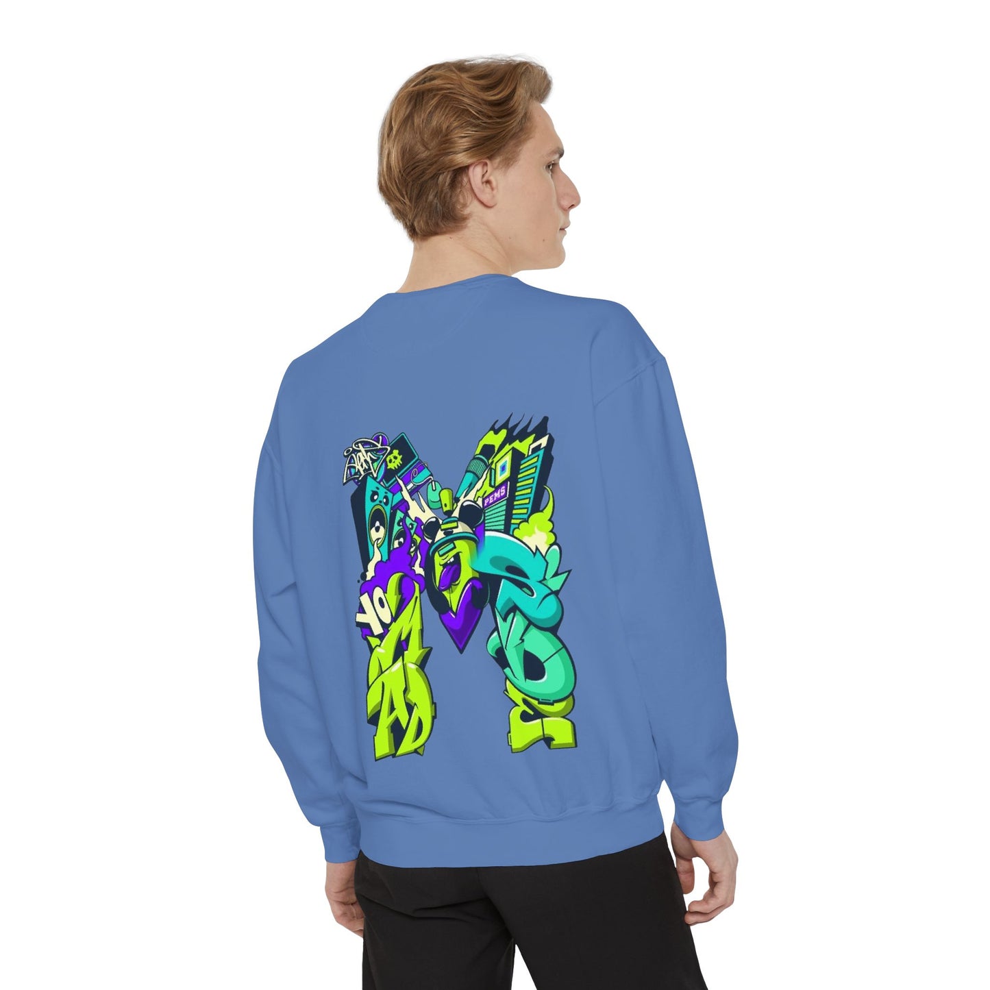 Vibrant Unisex Garment-Dyed Sweatshirt with Bold Graffiti Art