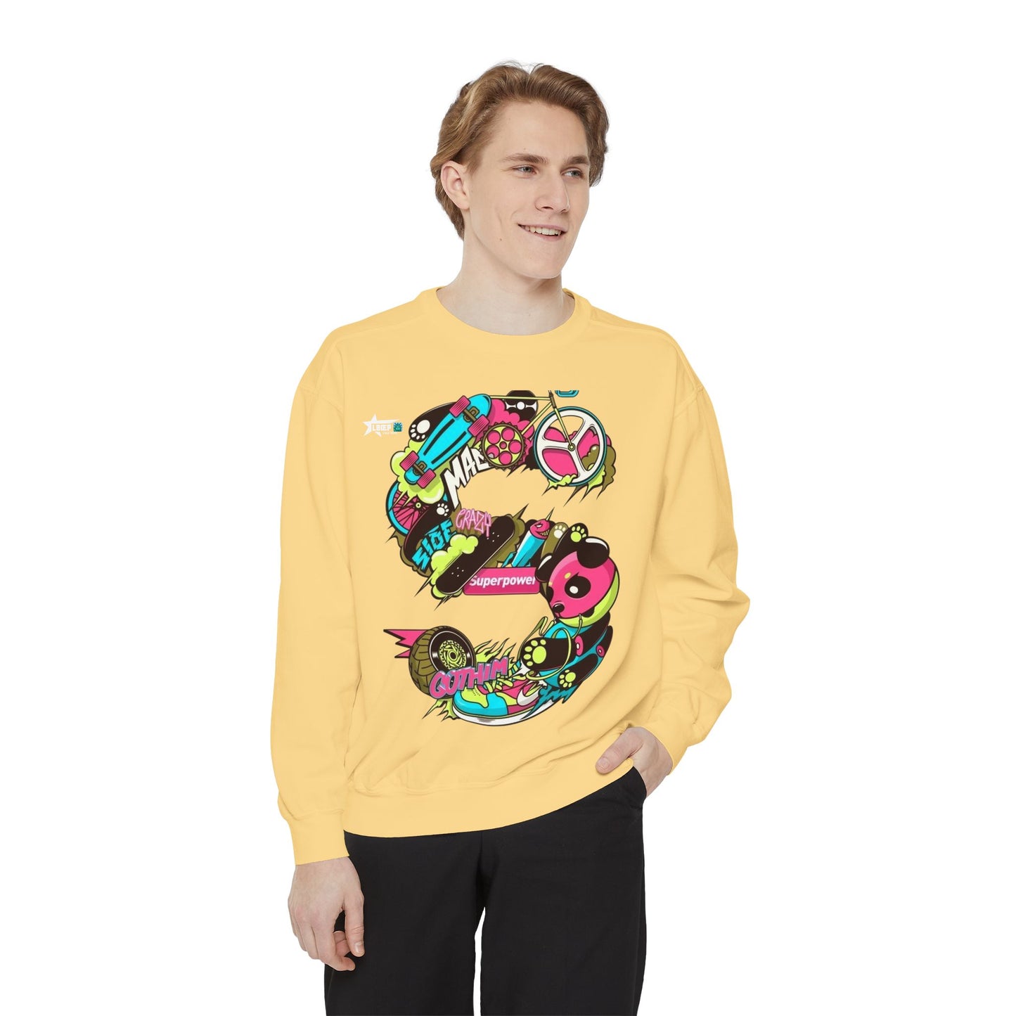 Vibrant Unisex Garment-Dyed Sweatshirt with Bold Graffiti Art