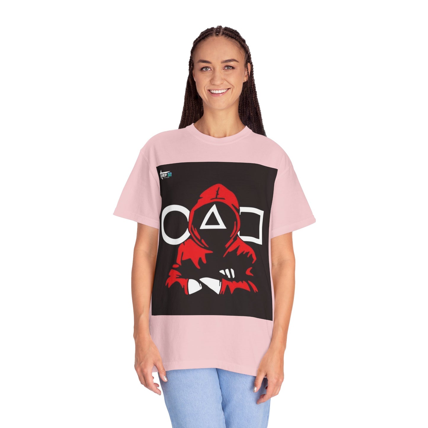Squid Game Red Hood T-Shirt — Mask Symbols Circle Triangle Square Graphic Tee