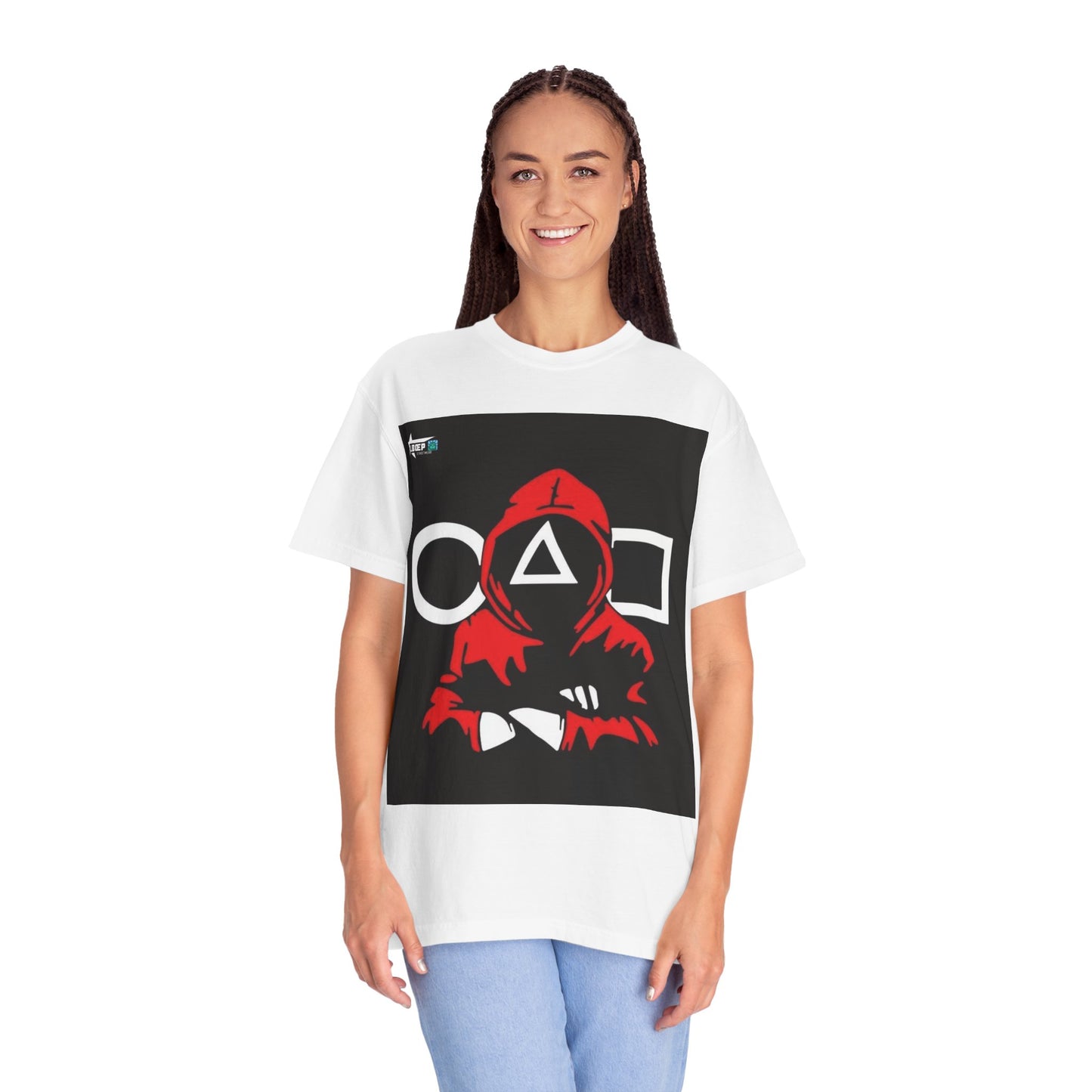 Squid Game Red Hood T-Shirt — Mask Symbols Circle Triangle Square Graphic Tee