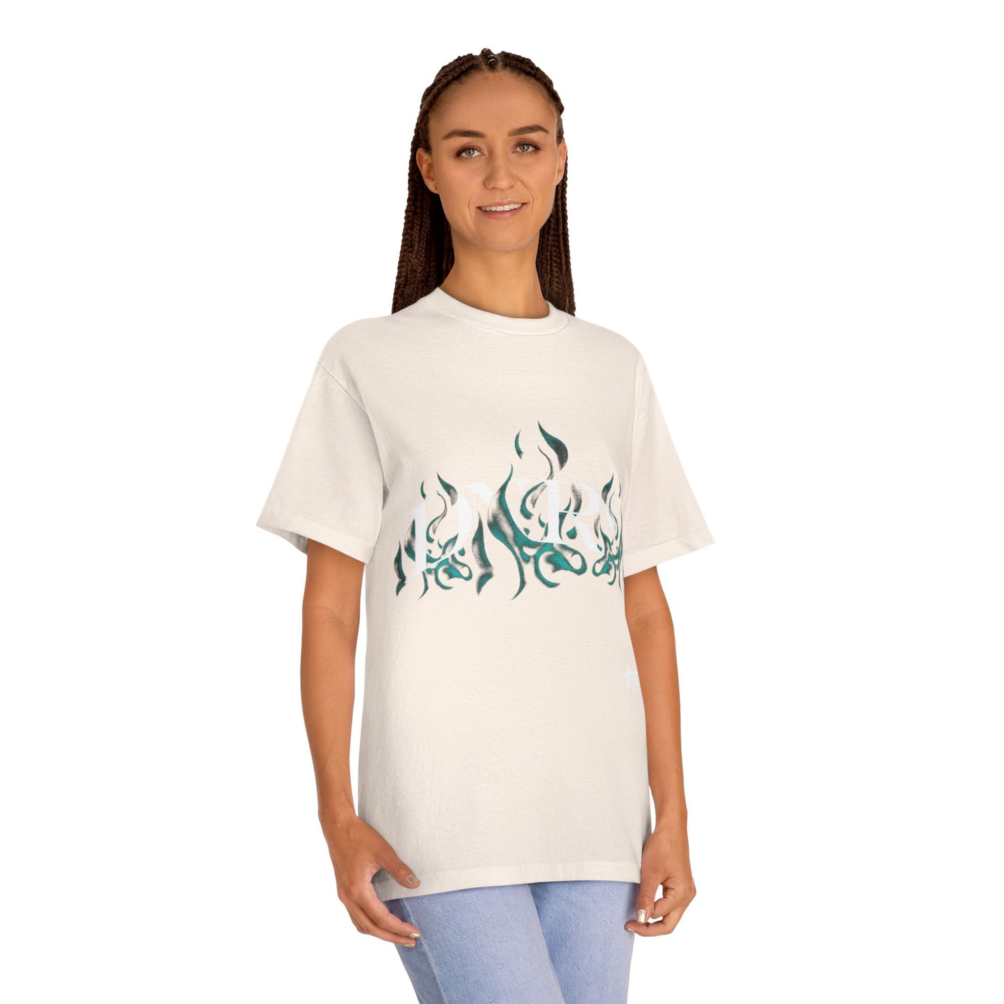 Flame Glyph Tee — Teal Tribal Flame Graphic T-Shirt
