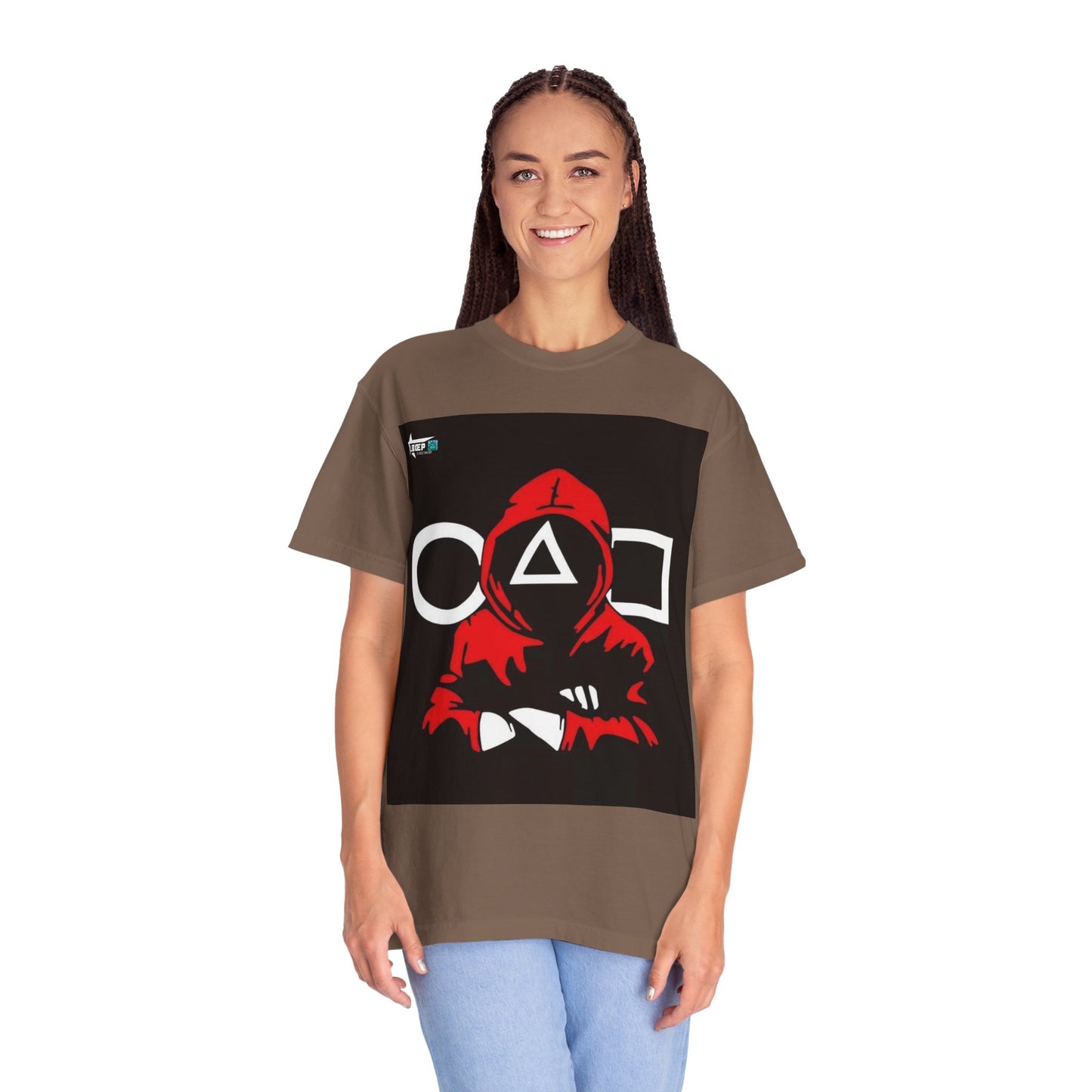 Squid Game Red Hood T-Shirt — Mask Symbols Circle Triangle Square Graphic Tee