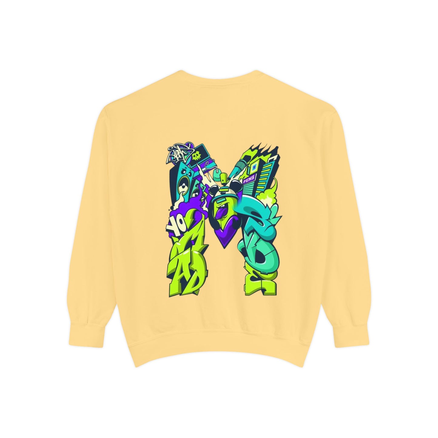 Vibrant Unisex Garment-Dyed Sweatshirt with Bold Graffiti Art