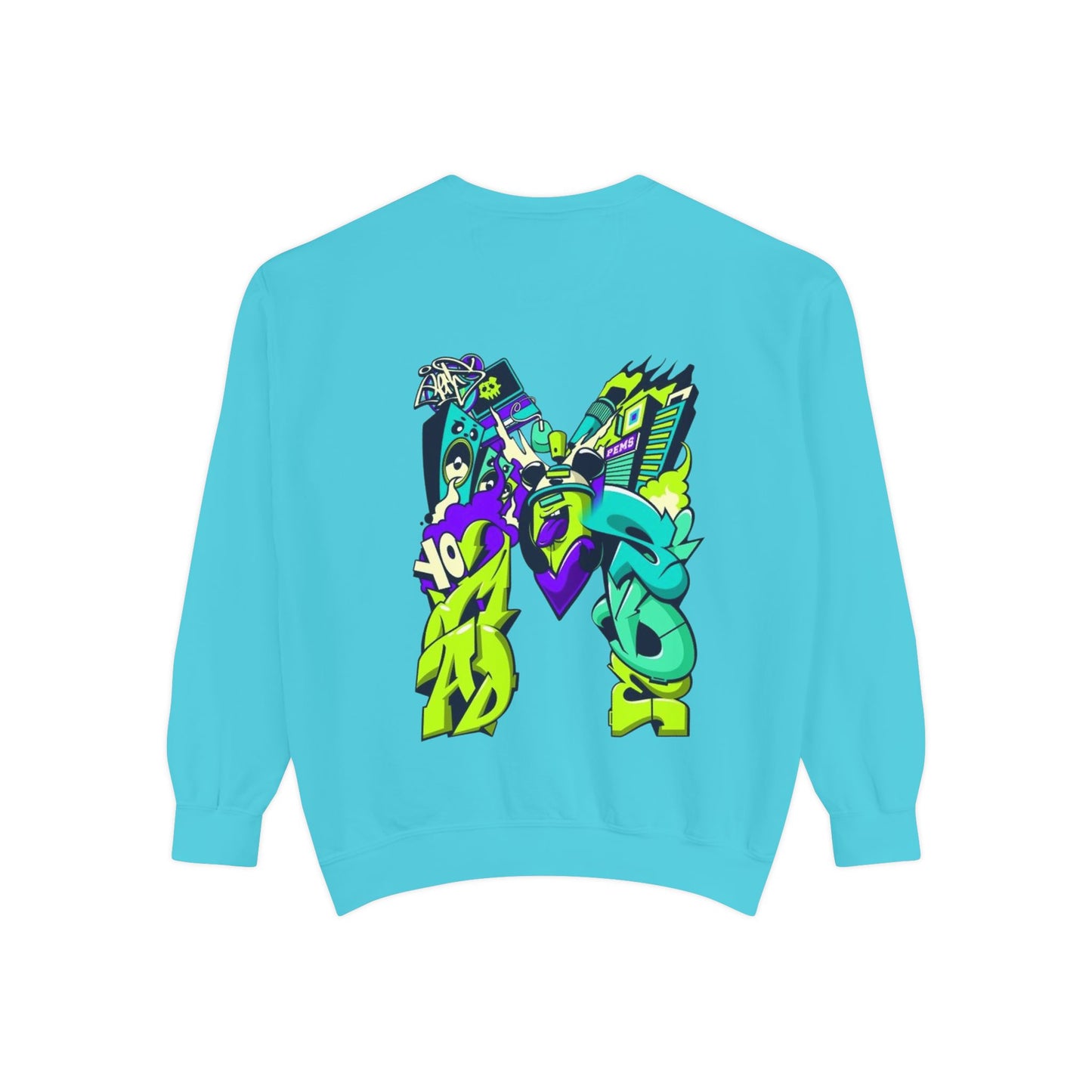 Vibrant Unisex Garment-Dyed Sweatshirt with Bold Graffiti Art