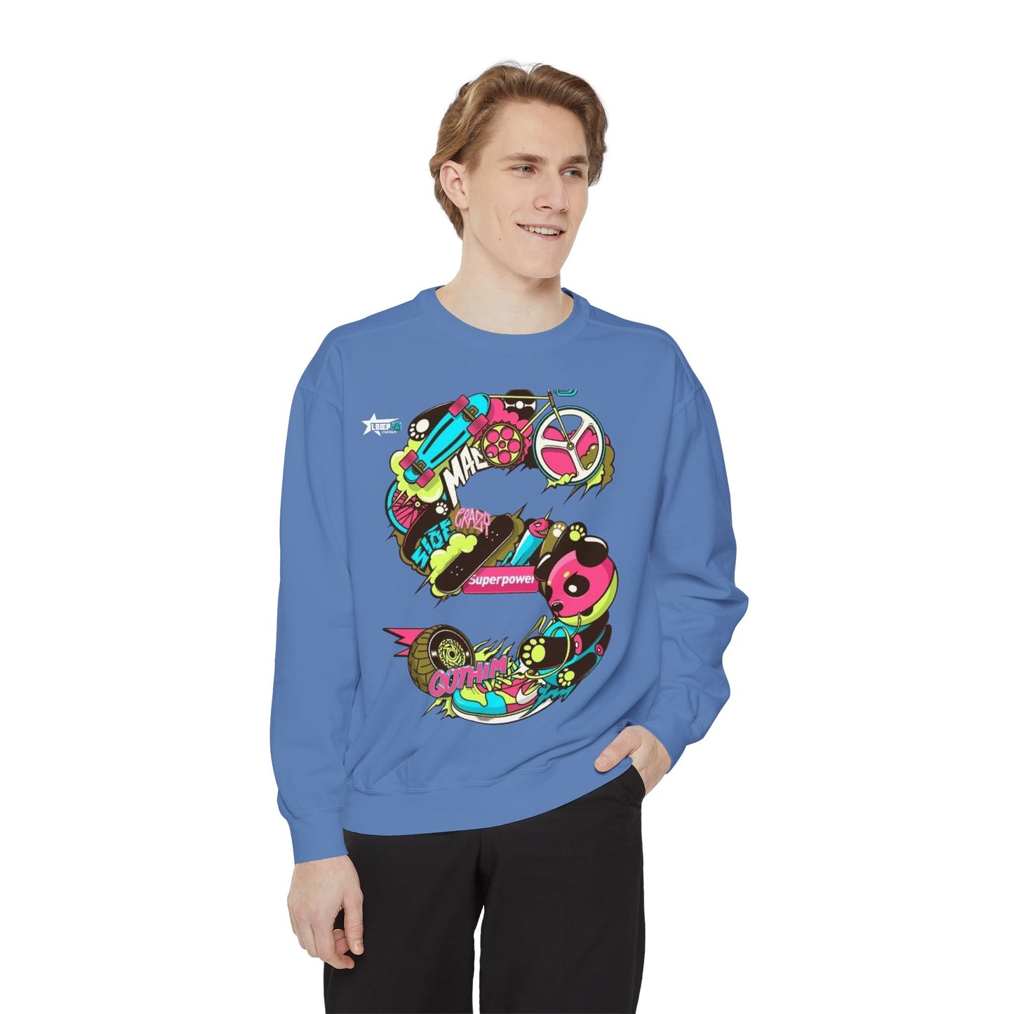 Vibrant Unisex Garment-Dyed Sweatshirt with Bold Graffiti Art