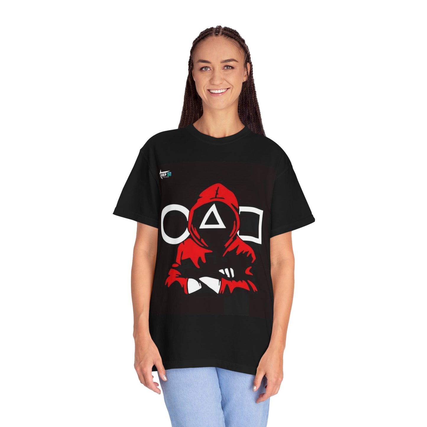 Squid Game Red Hood T-Shirt — Mask Symbols Circle Triangle Square Graphic Tee