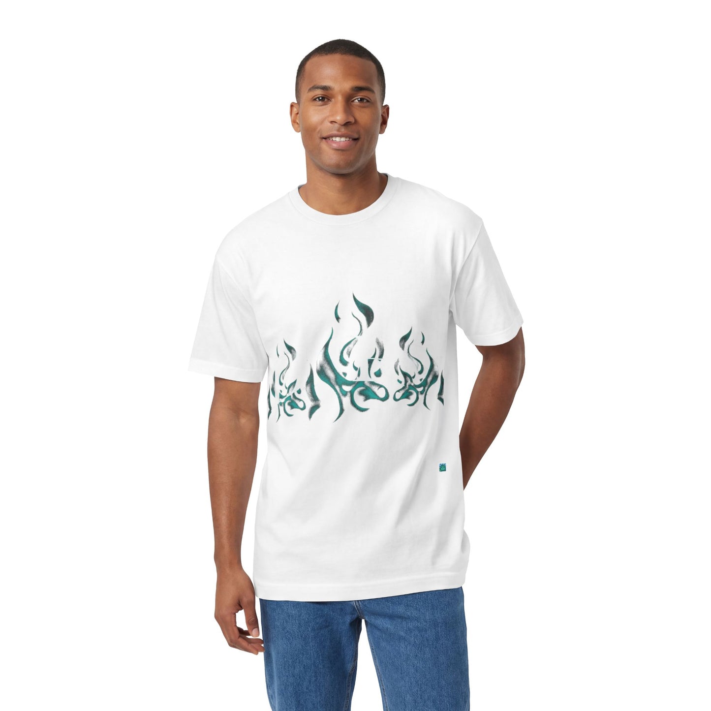 Flame Glyph Tee — Teal Tribal Flame Graphic T-Shirt