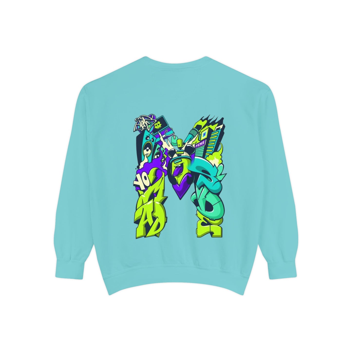 Vibrant Unisex Garment-Dyed Sweatshirt with Bold Graffiti Art