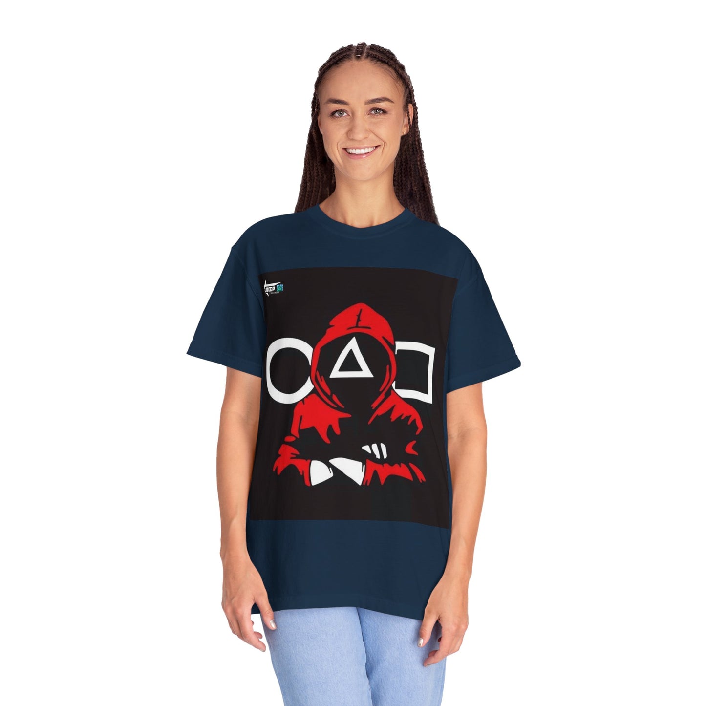 Squid Game Red Hood T-Shirt — Mask Symbols Circle Triangle Square Graphic Tee