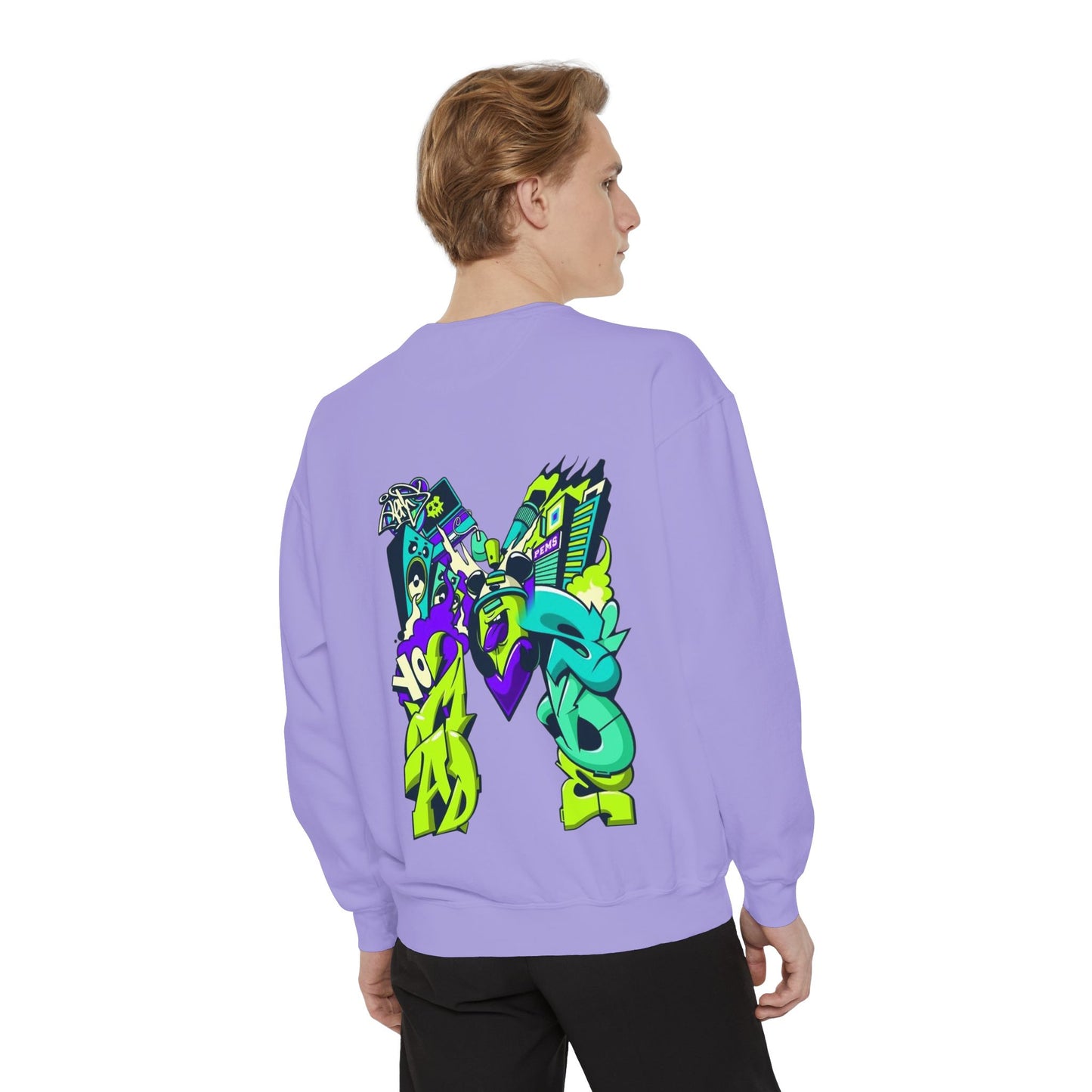 Vibrant Unisex Garment-Dyed Sweatshirt with Bold Graffiti Art