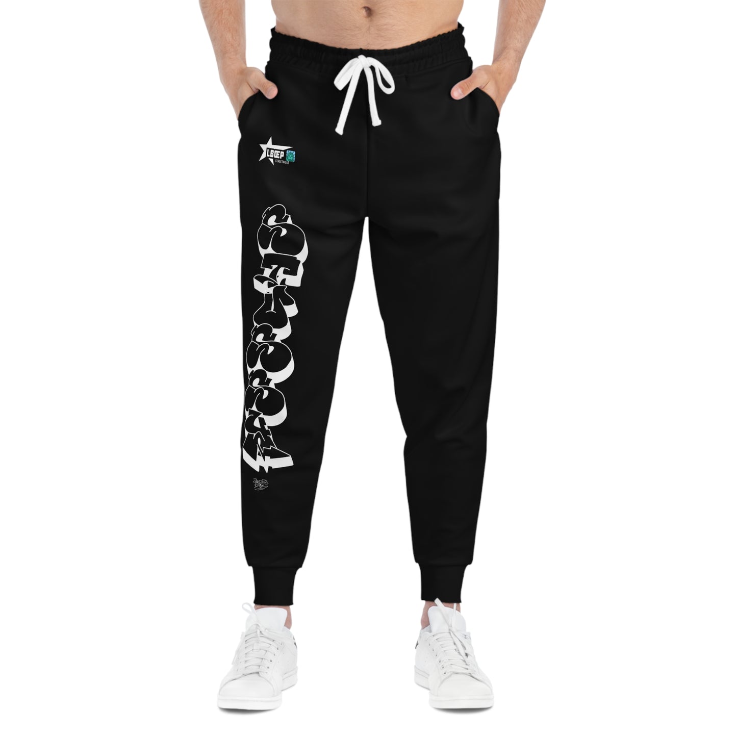 Sporty Black Joggers with Bold Graphic Print - Perfect for Athletes and Active Lifestyle