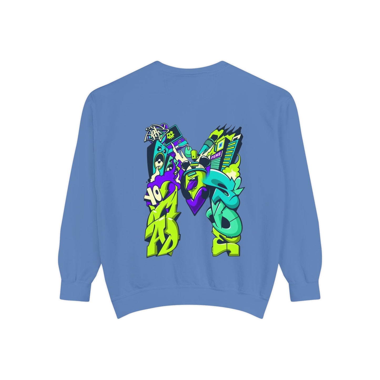 Vibrant Unisex Garment-Dyed Sweatshirt with Bold Graffiti Art