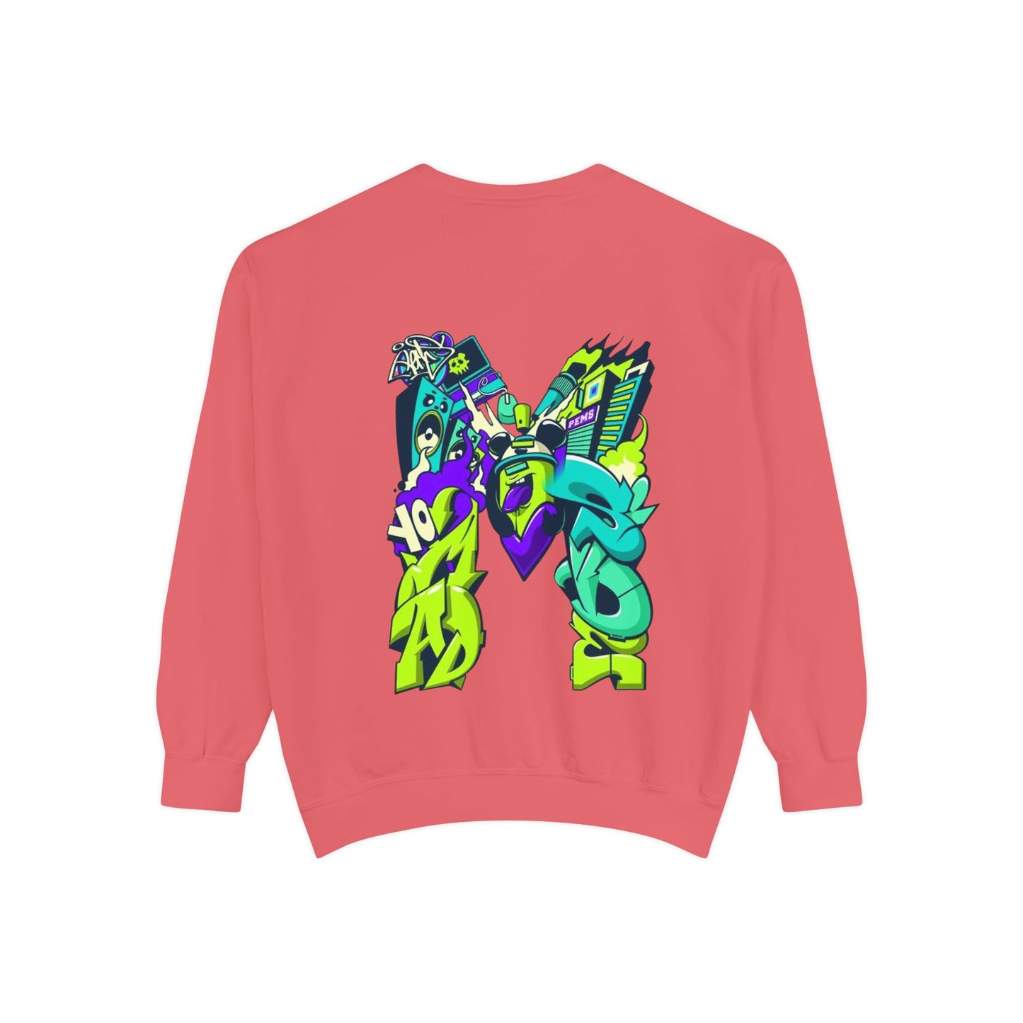 Vibrant Unisex Garment-Dyed Sweatshirt with Bold Graffiti Art