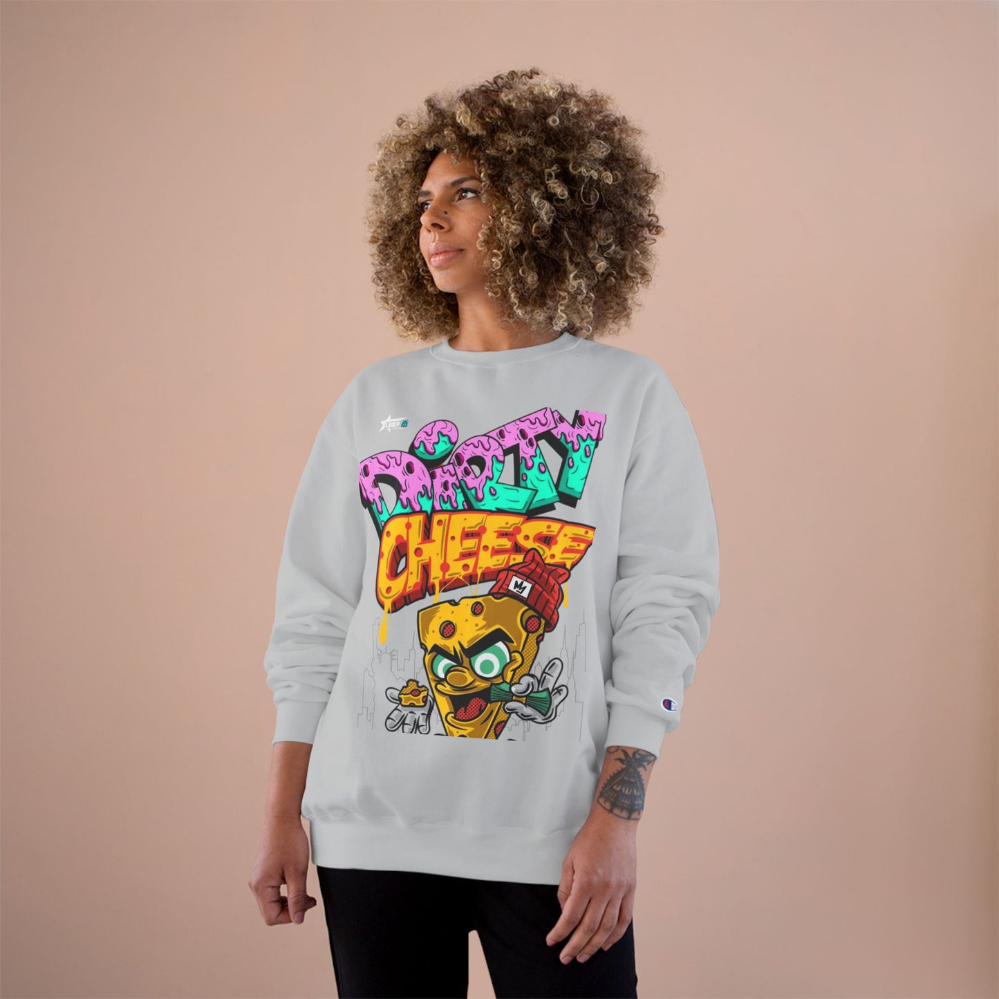 Funny Champion Sweatshirt - 'Dirty Cheese' Graphic Tee - Streetwear Style for Casual Parties