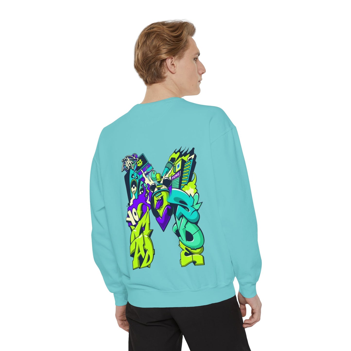 Vibrant Unisex Garment-Dyed Sweatshirt with Bold Graffiti Art