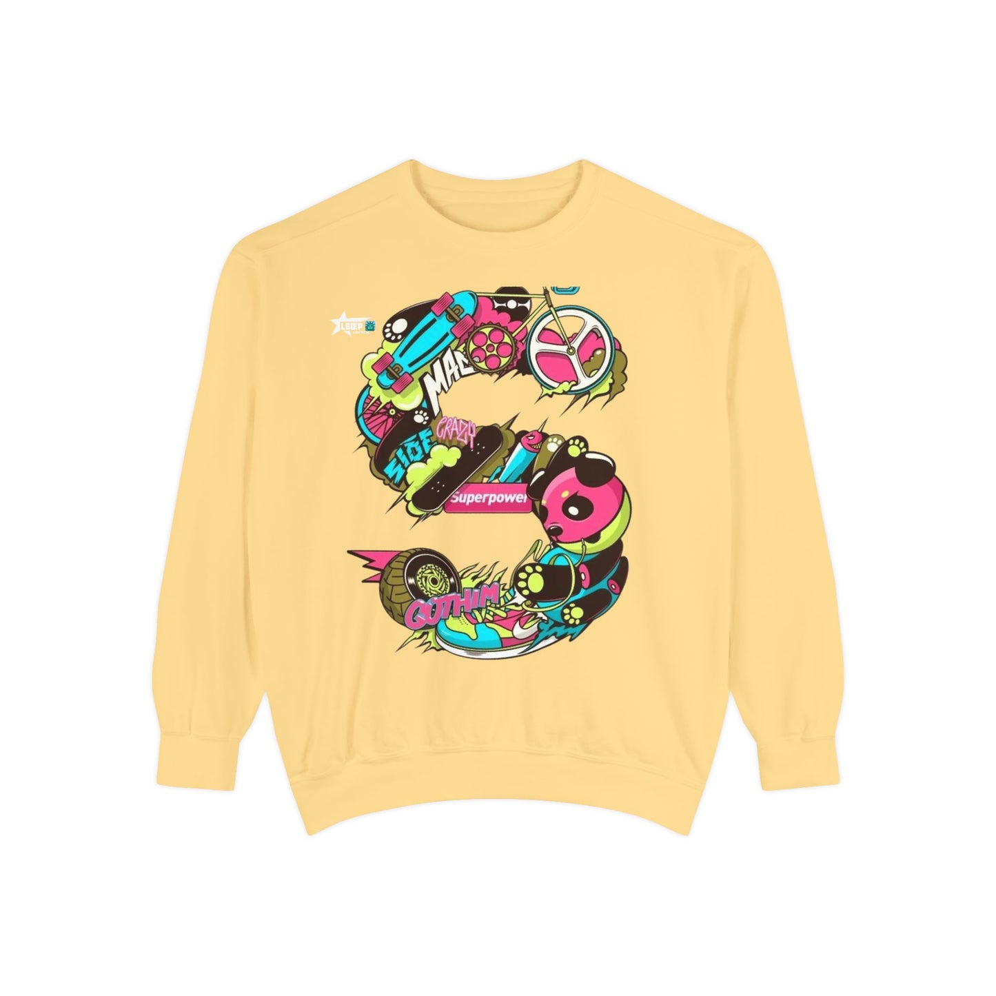 Vibrant Unisex Garment-Dyed Sweatshirt with Bold Graffiti Art