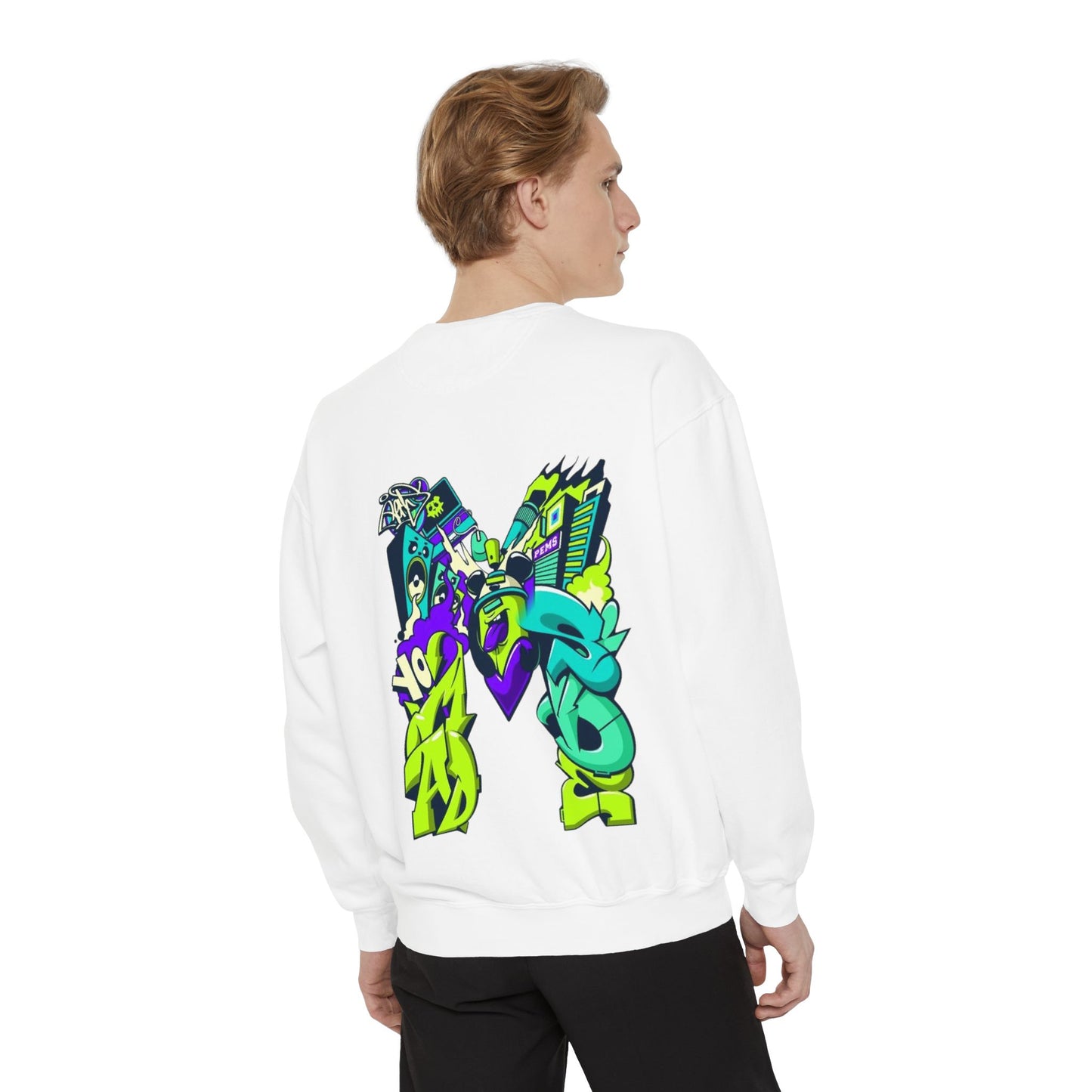 Vibrant Unisex Garment-Dyed Sweatshirt with Bold Graffiti Art