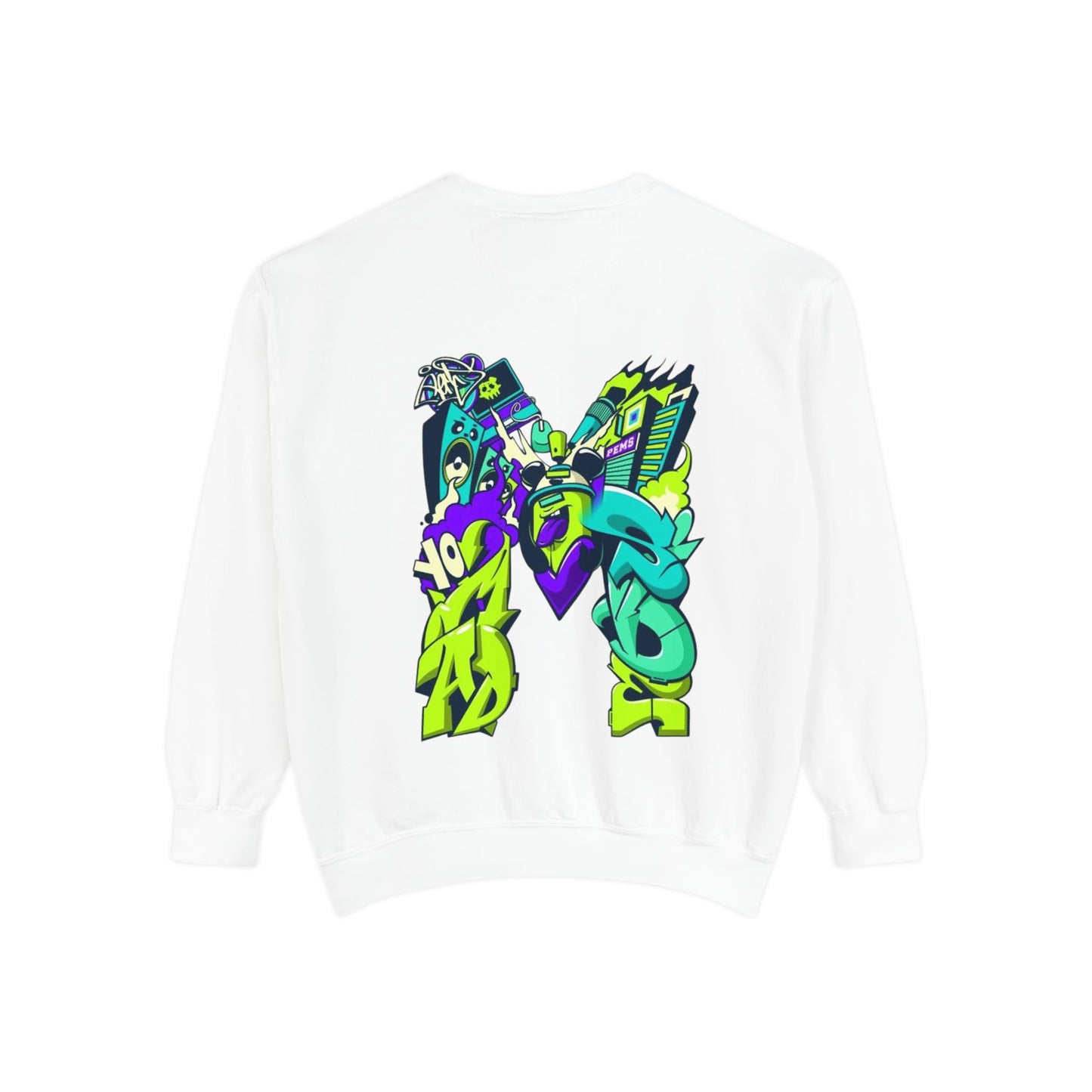 Vibrant Unisex Garment-Dyed Sweatshirt with Bold Graffiti Art