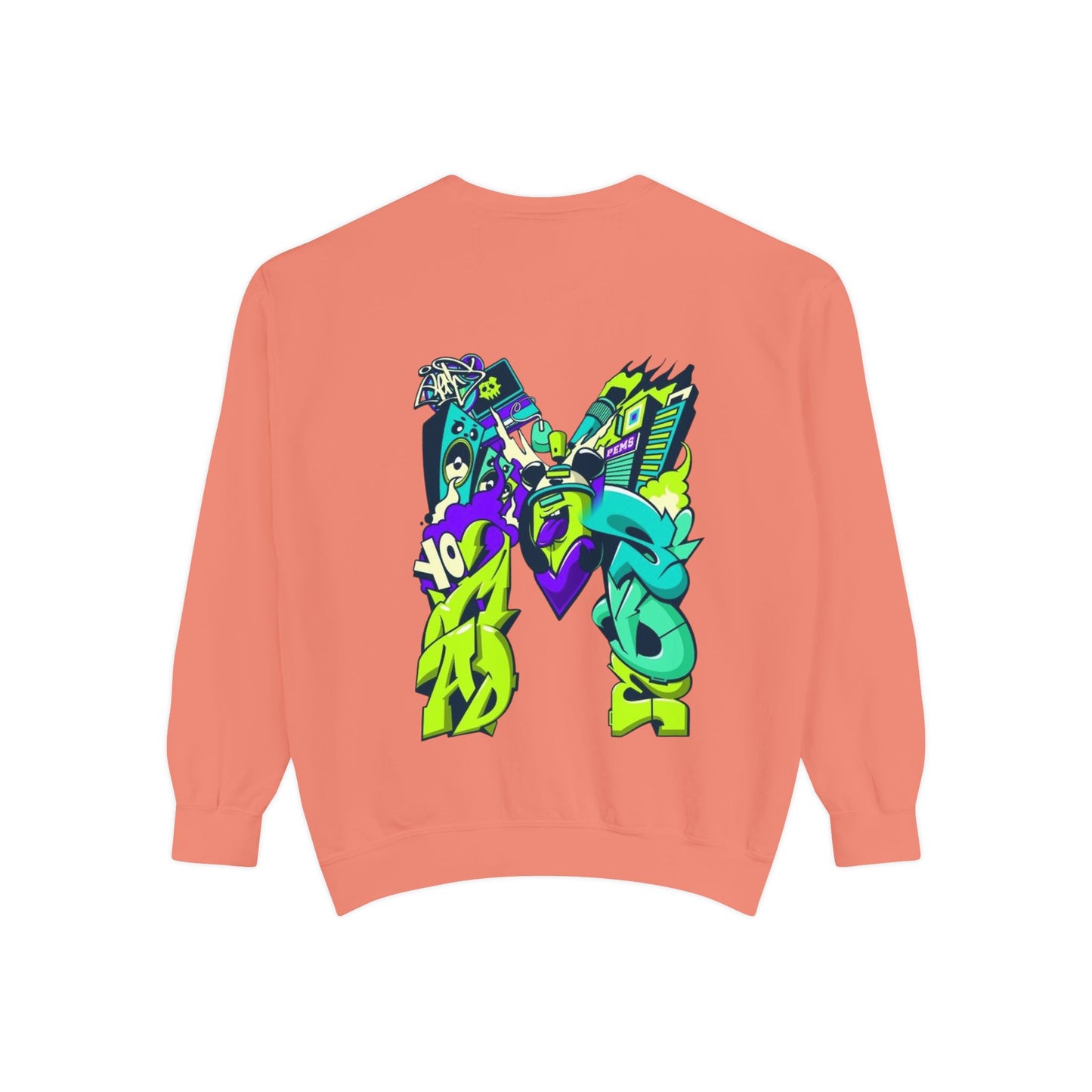 Vibrant Unisex Garment-Dyed Sweatshirt with Bold Graffiti Art