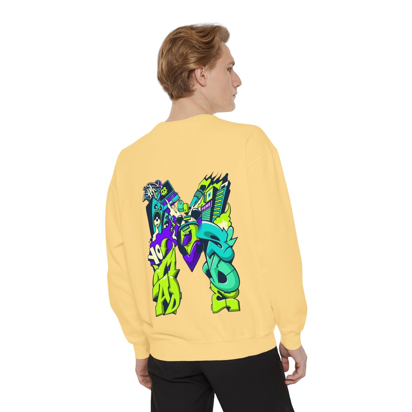 Vibrant Unisex Garment-Dyed Sweatshirt with Bold Graffiti Art
