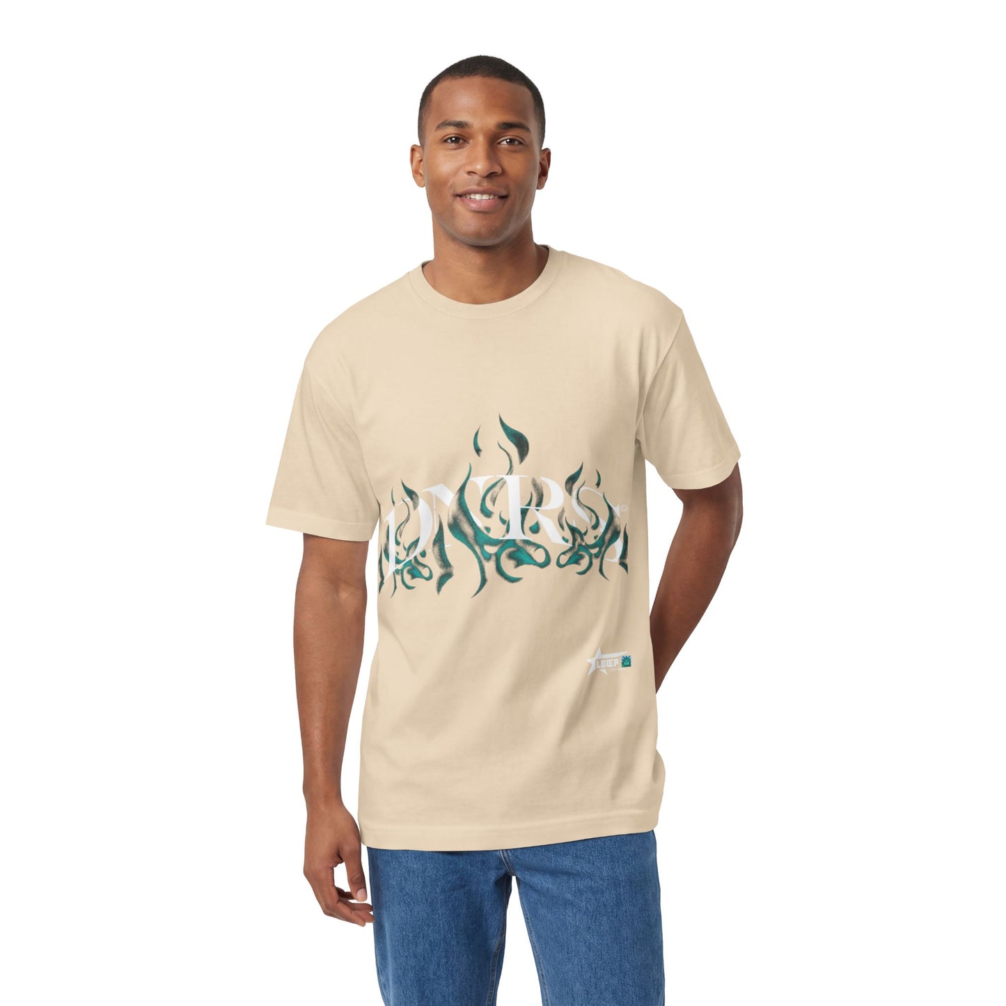 Flame Glyph Tee — Teal Tribal Flame Graphic T-Shirt