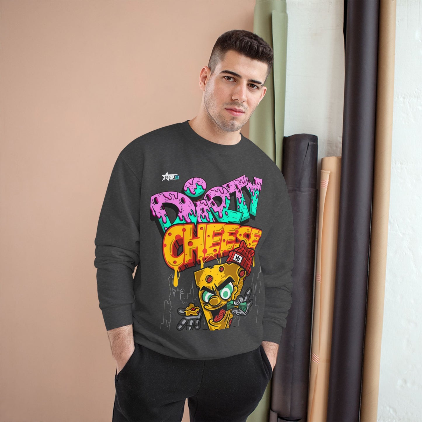 Funny Champion Sweatshirt - 'Dirty Cheese' Graphic Tee - Streetwear Style for Casual Parties