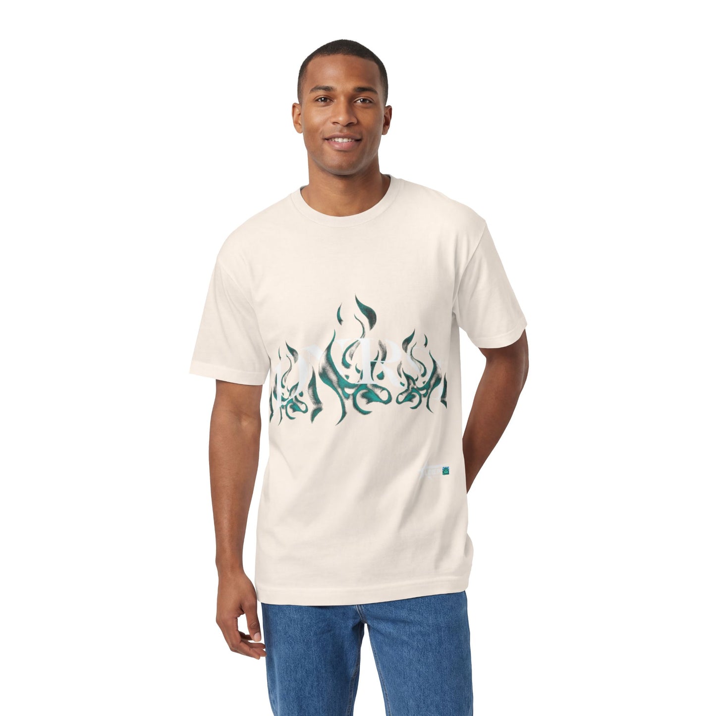 Flame Glyph Tee — Teal Tribal Flame Graphic T-Shirt