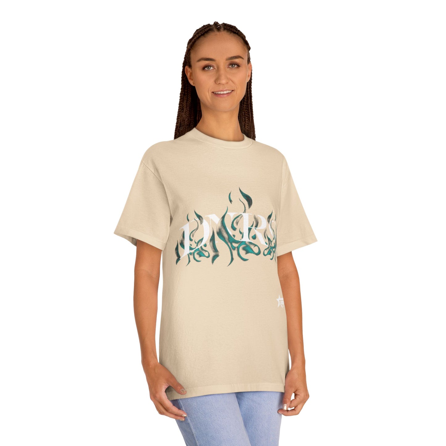 Flame Glyph Tee — Teal Tribal Flame Graphic T-Shirt