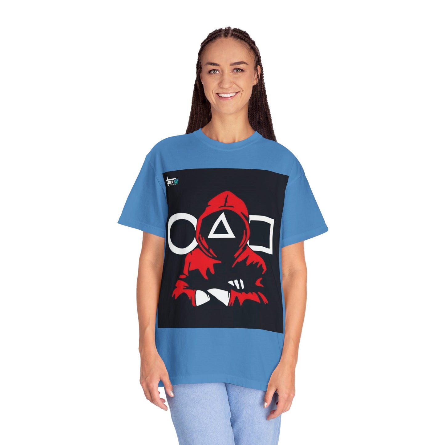 Squid Game Red Hood T-Shirt — Mask Symbols Circle Triangle Square Graphic Tee
