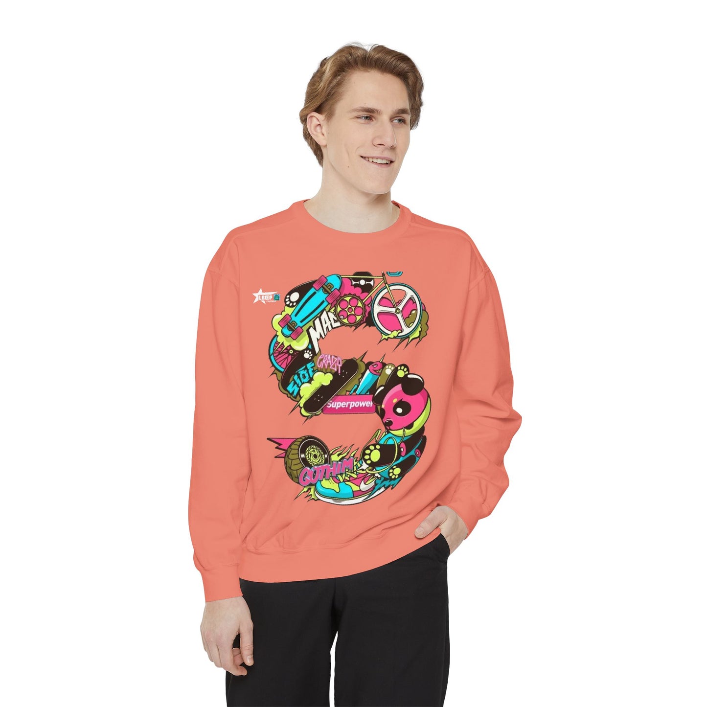 Vibrant Unisex Garment-Dyed Sweatshirt with Bold Graffiti Art