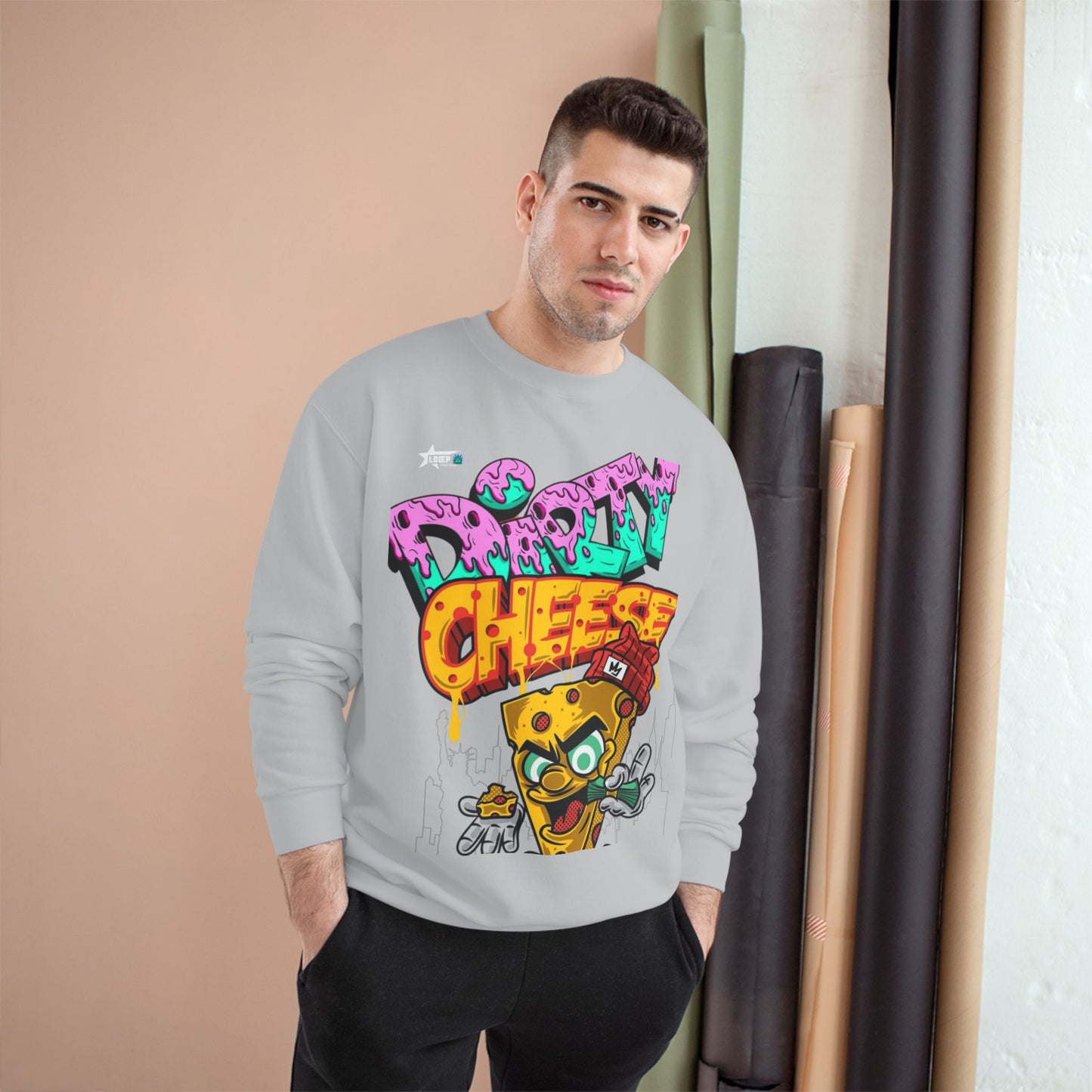 Funny Champion Sweatshirt - 'Dirty Cheese' Graphic Tee - Streetwear Style for Casual Parties