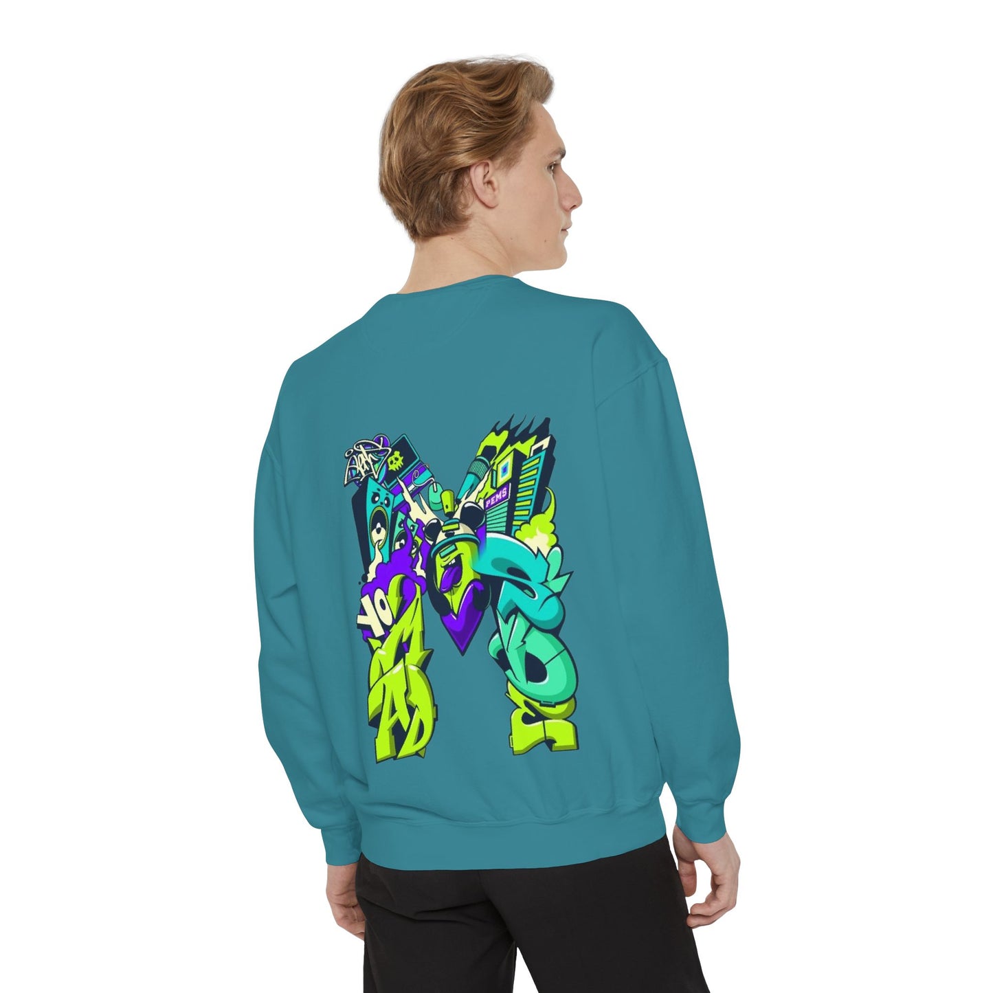 Vibrant Unisex Garment-Dyed Sweatshirt with Bold Graffiti Art