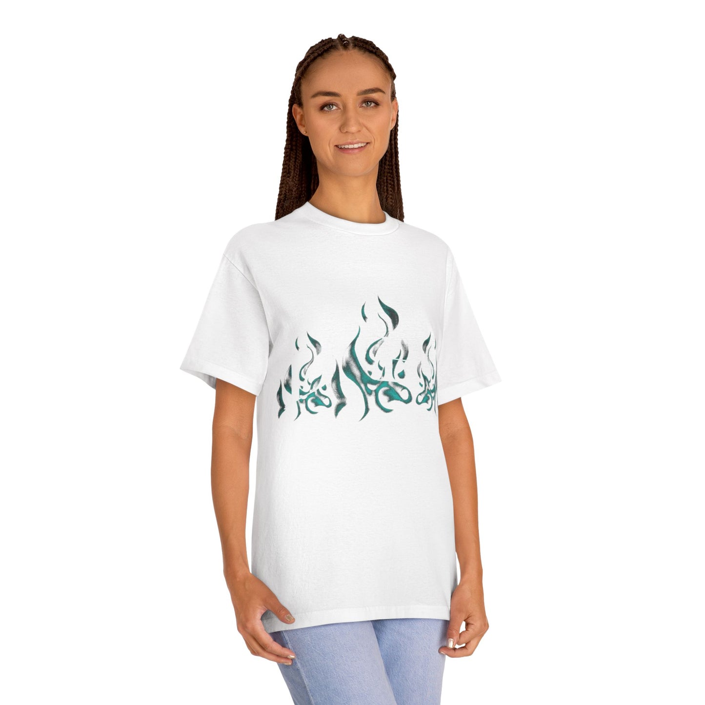 Flame Glyph Tee — Teal Tribal Flame Graphic T-Shirt